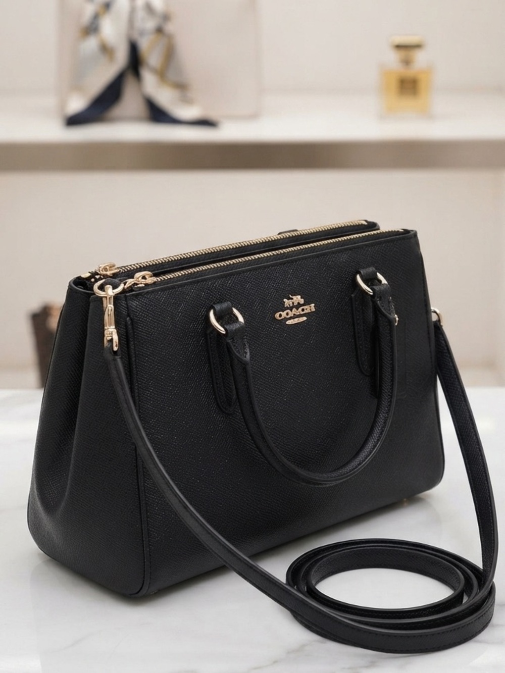 Coach Black Crossgrain Leather Mini Surrey Carryall Satchel Bag F44962